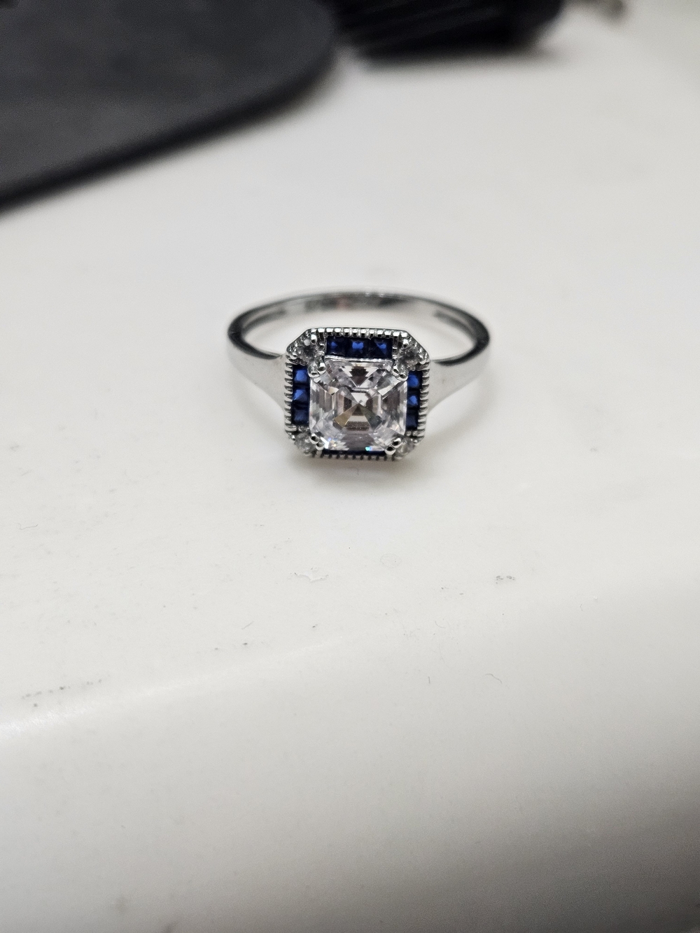 Art Deco Style Sterling Silver White Cubic Zirconia Ring with Blue Accent
